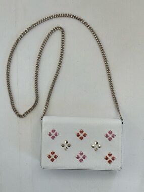 Kate Spade New York White Leather Flower Appliqué Chain Wallet Crossbody Purse